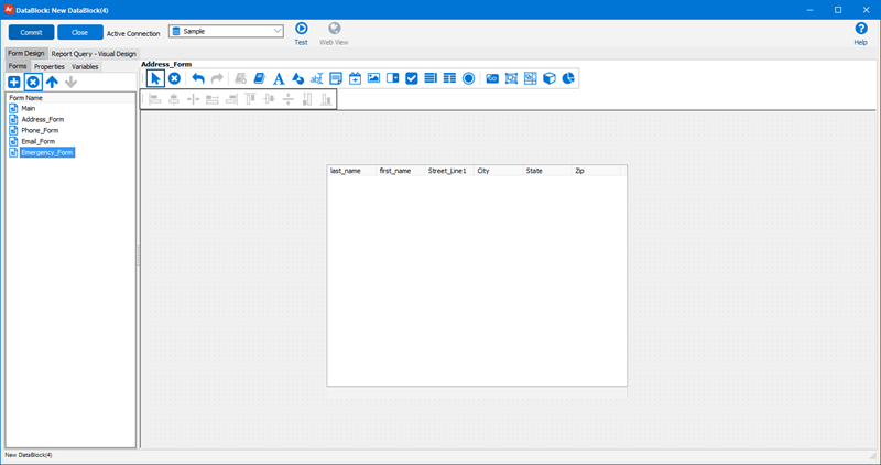 The design of the address form within the DataBlock Designer. There is a multi column listbox on the form. That listbox has been linked to an s q l query for employee first and last name and all parts of the employee address.